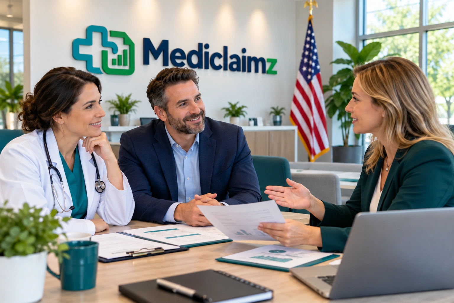 Illustrative physician and practice manager meeting with an adviser, with Mediclaimz branding and a U.S. flag
