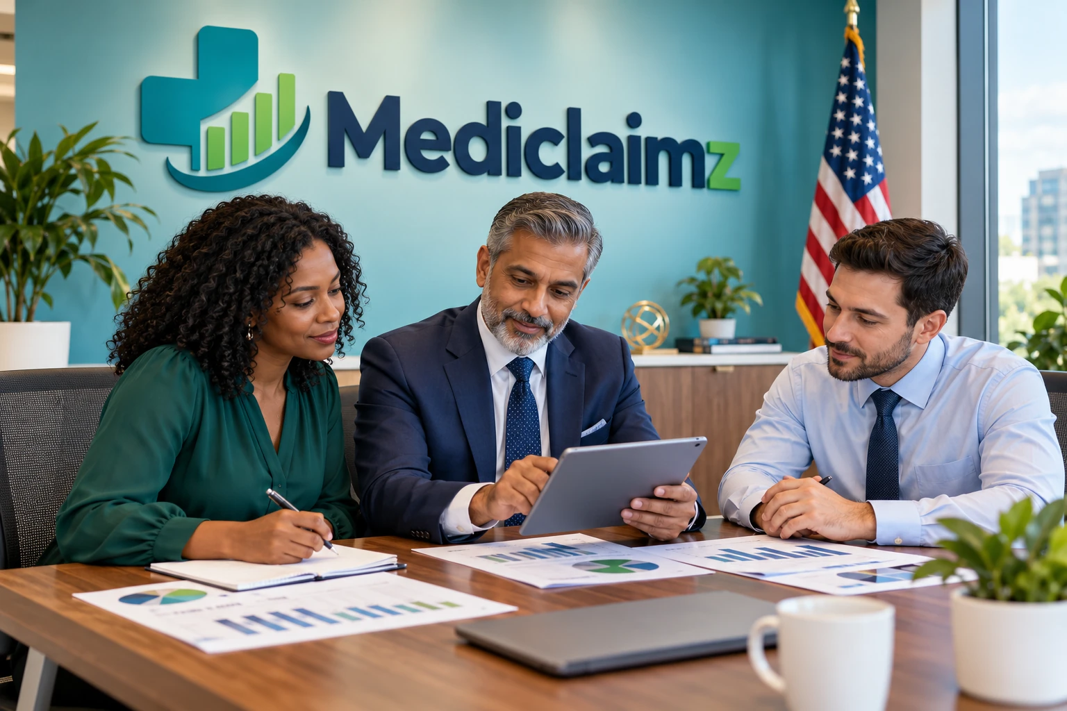 Illustrative financial advisers reviewing reports in a Mediclaimz office with an American flag