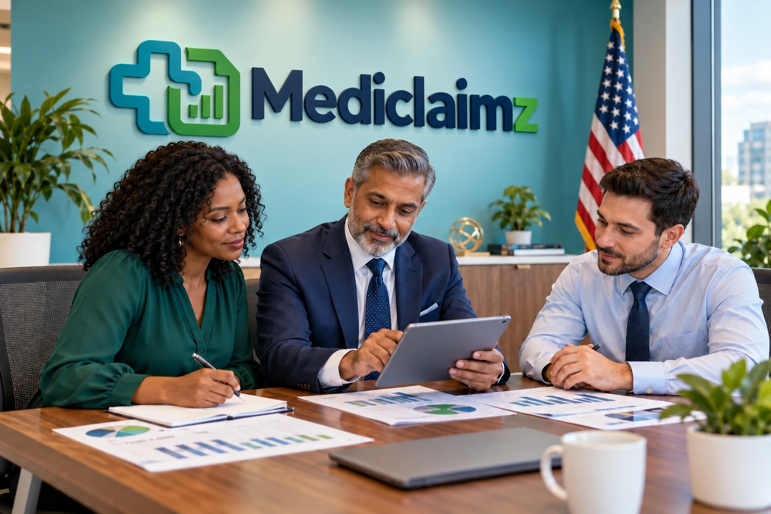 Illustrative financial advisers reviewing reports in a Mediclaimz office with an American flag