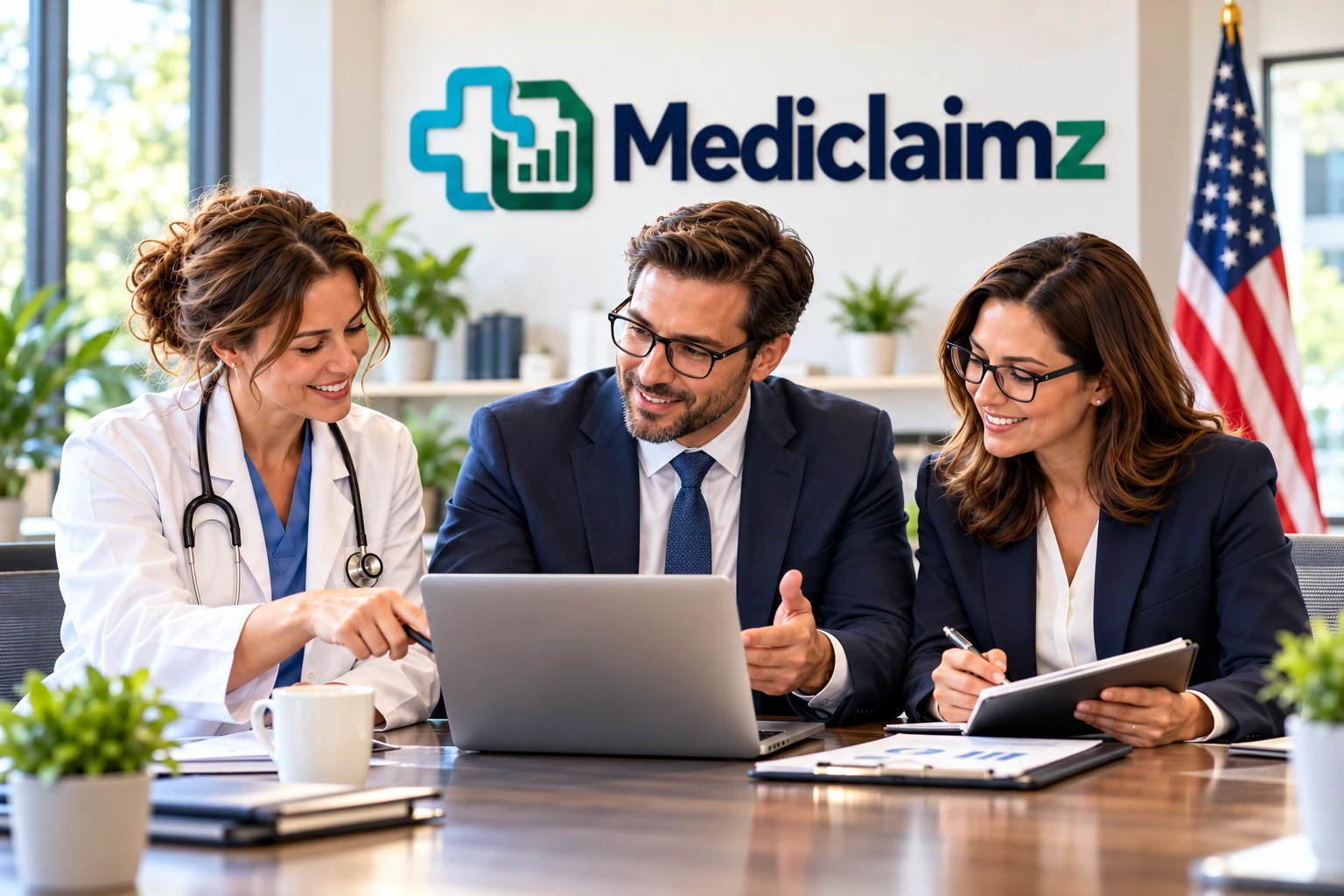 Illustration of a physician and business advisers reviewing financial reports in a Mediclaimz office with an American flag