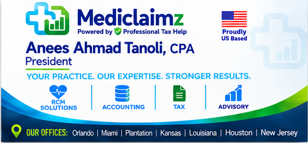 Mediclaimz business card for Anees Ahmad Tanoli, CPA, President