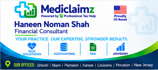 Mediclaimz business card for Haneen Noman Shah, Financial Consultant