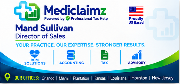 Mediclaimz business card for Mand Sullivan, Director of Sales