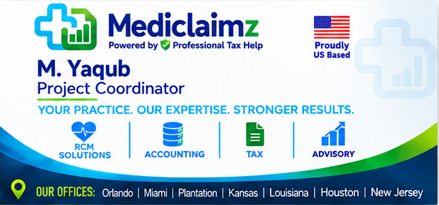 Mediclaimz business card for M. Yaqub, Project Coordinator